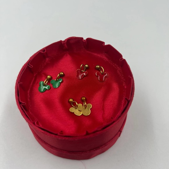 Vintage Disney Co Mickey Mouse 3 Set Red Green Gold Dangle Stud Earrings W Box - Picture 7 of 7